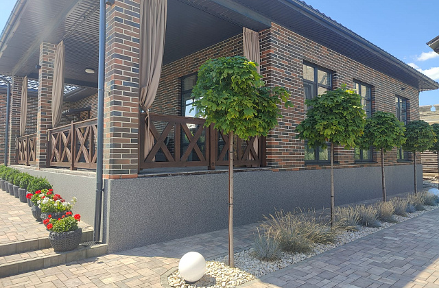 Отделка цоколя дома штукатуркой мраморная крошка